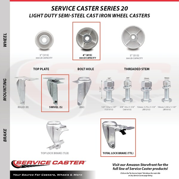 4 Inch Semi Steel Swivel Top Plate Caster Set with Total Lock Brake SCC